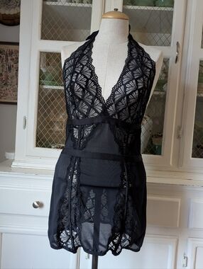 Lingerie Black Lace Halter Chemise Nightwear Art Deco